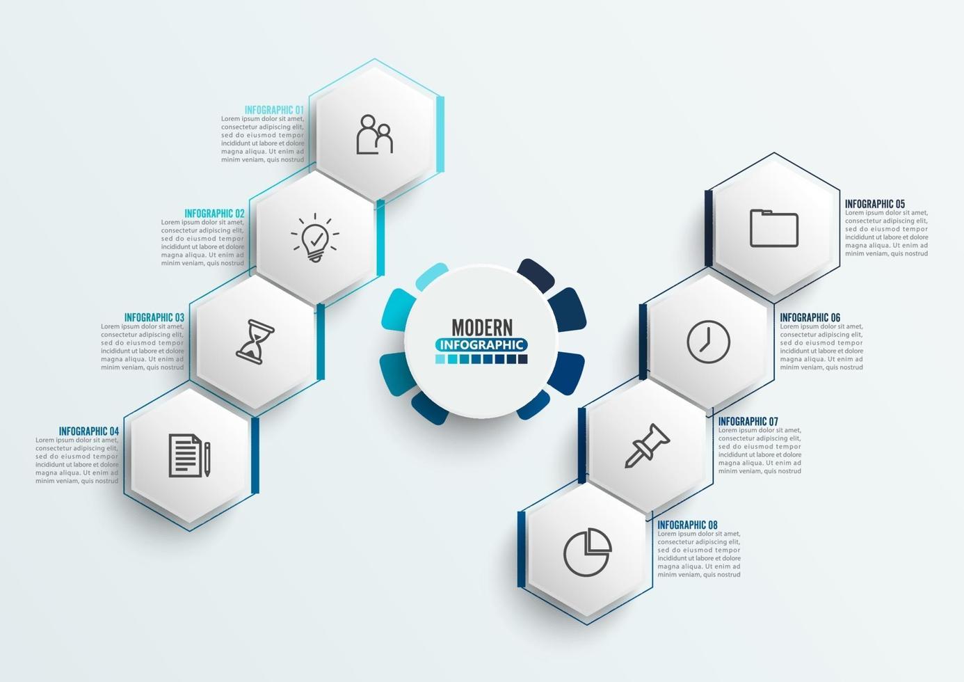 vector infographic sjabloon met 3D-papieren label, geïntegreerde kringen. bedrijfsconcept met 8 opties. voor inhoud, diagram, stroomdiagram, stappen, onderdelen, tijdlijninfographics, workflow, grafiek.