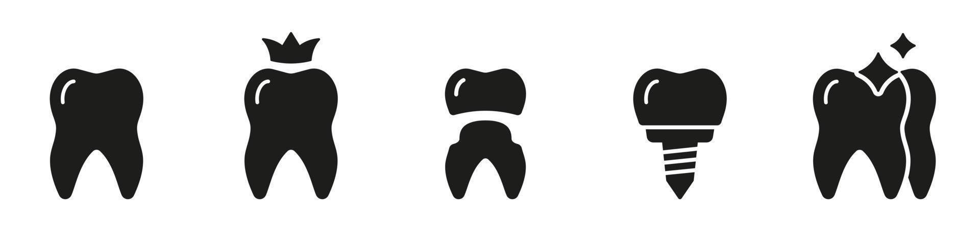 tandheelkundig implantaat silhouet icoon set. tand zorg, fineer- restauratie solide pictogram. kunstgebit technologie. tandheelkundig implantatie behandeling. tandheelkunde glyph symbool. geïsoleerd vector illustratie.
