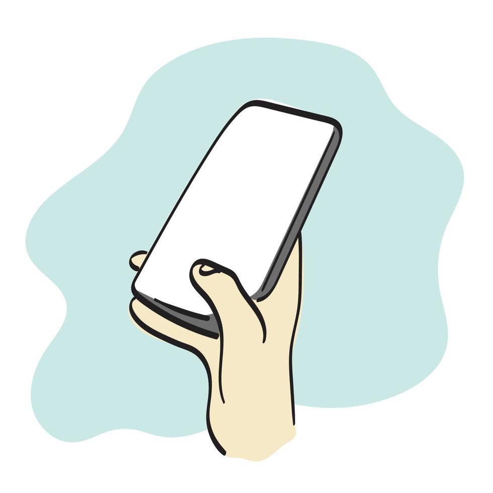 lijn kunst hand- Holding smartphone met leeg scherm illustratie vector hand- getrokken geïsoleerd Aan wit achtergrond