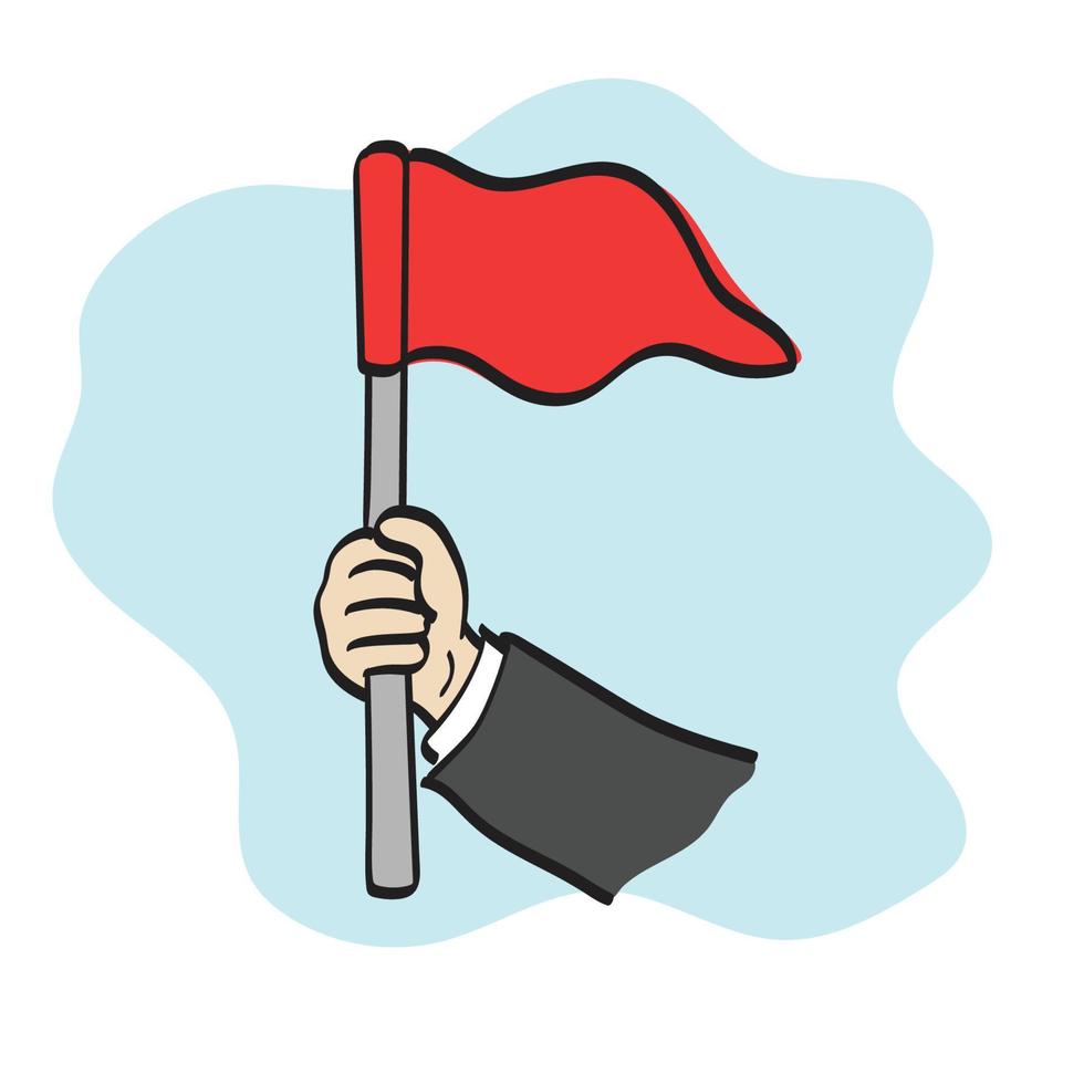 detailopname hand- van zakenman Holding rood vlag illustratie vector hand- getrokken geïsoleerd Aan wit achtergrond lijn kunst.