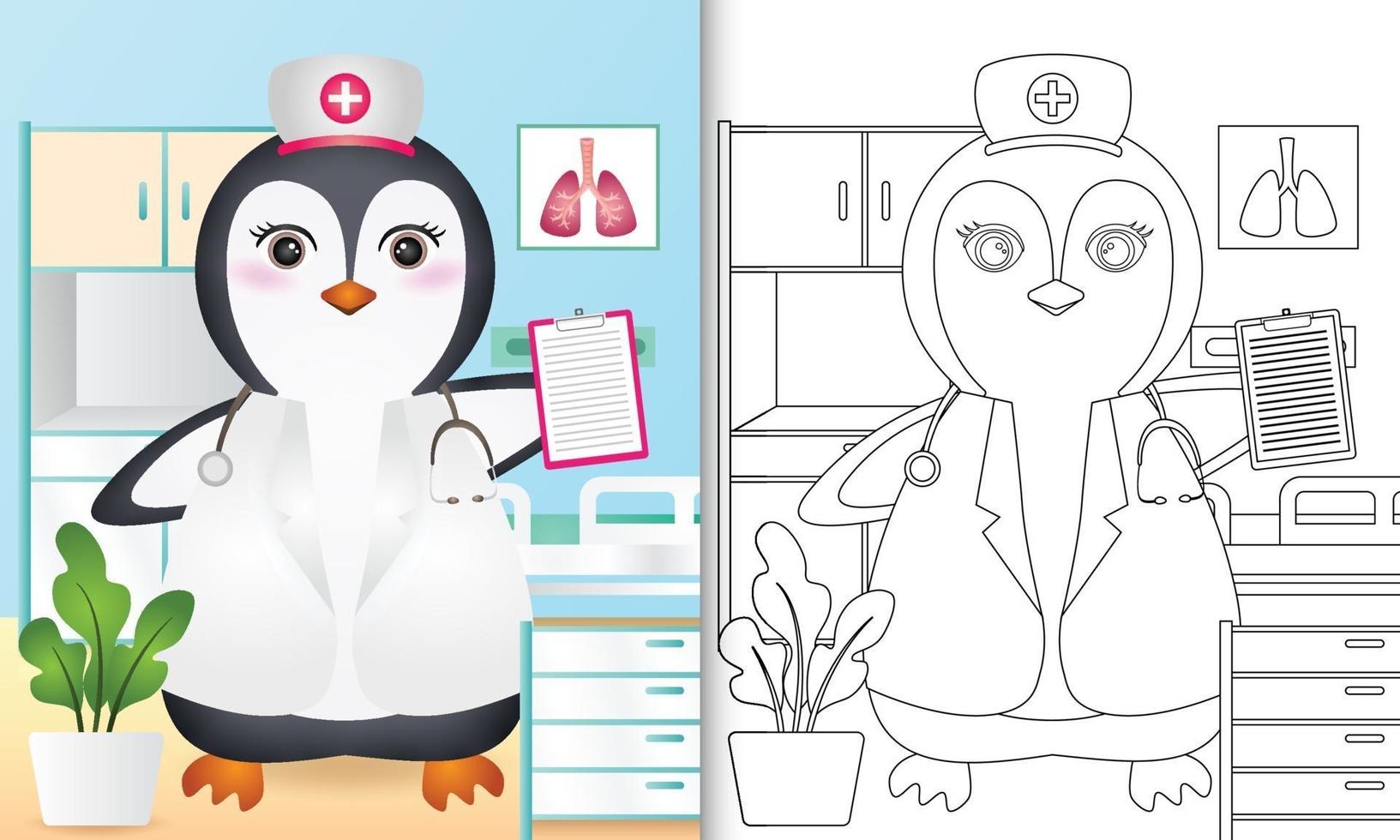 kleurboek voor kinderen met een schattige pinguïn verpleegster karakter illustratie vector