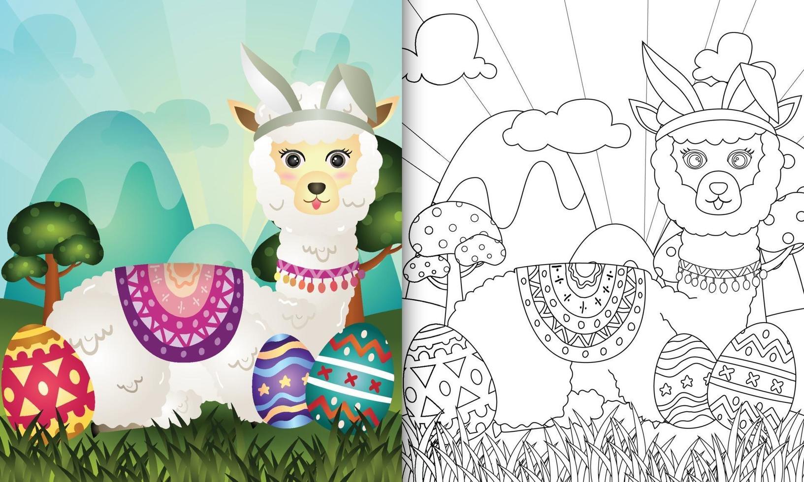 kleurboek voor kinderen met Pasen als thema met een schattige alpaca met konijnenoren vector