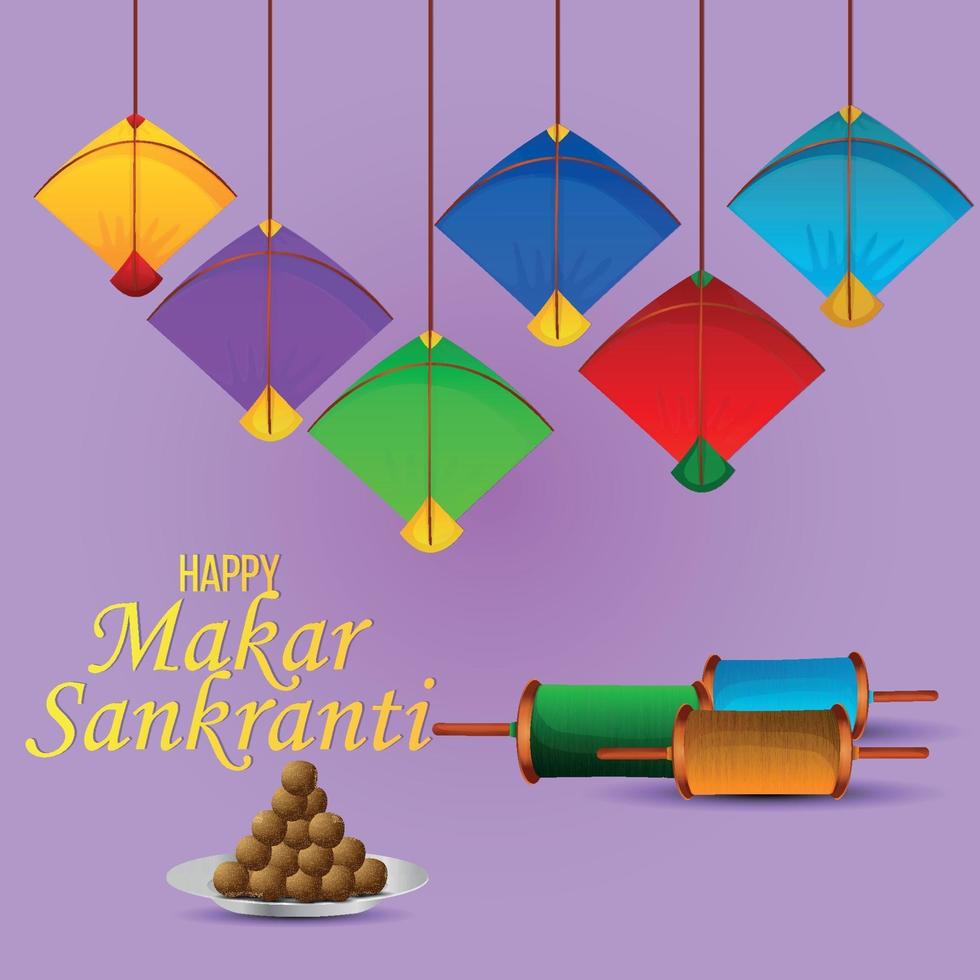 makar sankranti kleurrijke vliegers met touwtjes spoelen vector