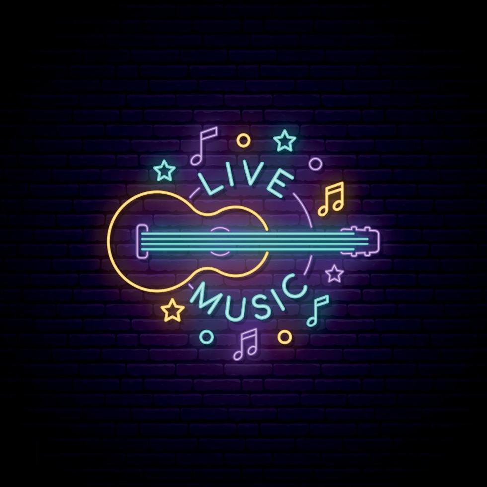 neon live muziekteken. licht bord met gitaar en live muziek inscriptie. vector