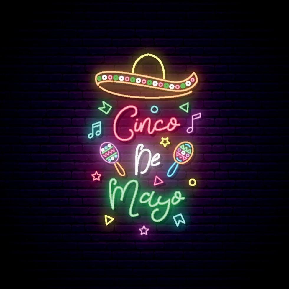 cinco de mayo neon uithangbord. mexico groet banner. heldere sombrero illustratie. vector