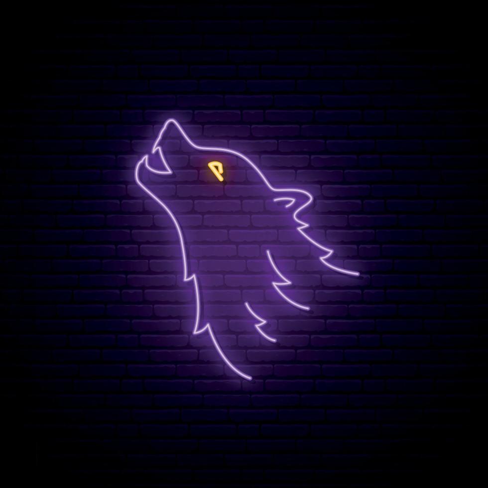 wolf hoofd neon teken. paars wild wolf helder embleem. vectorillustratie in neonstijl. vector