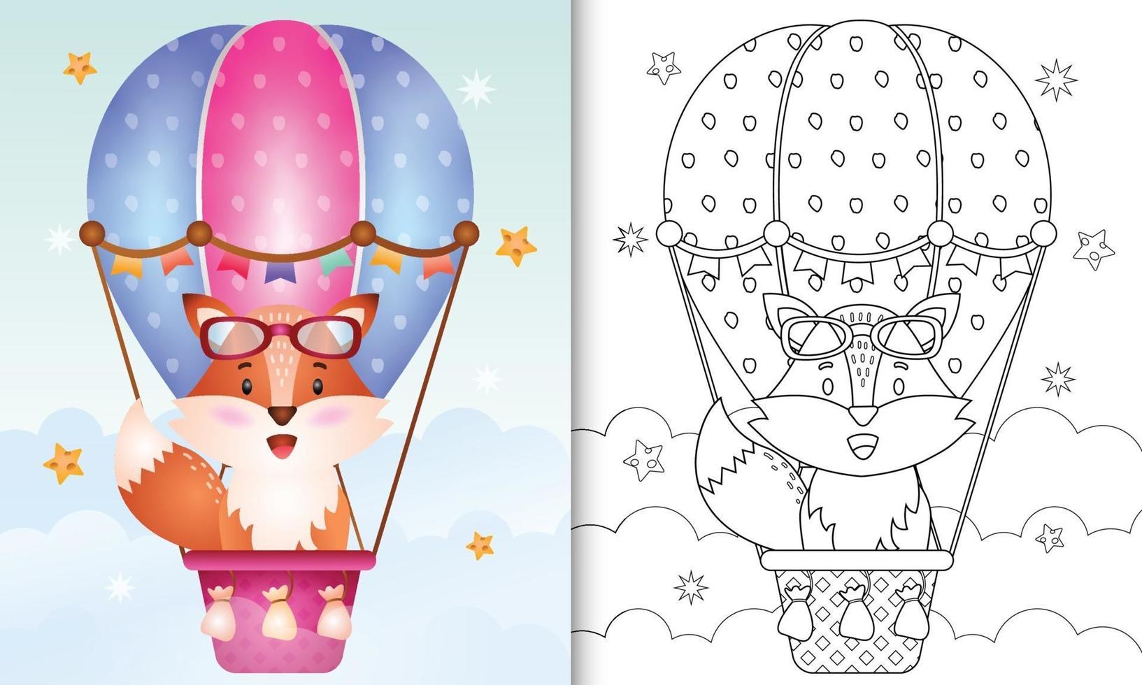 kleurboek voor kinderen met een schattige vos op heteluchtballon vector