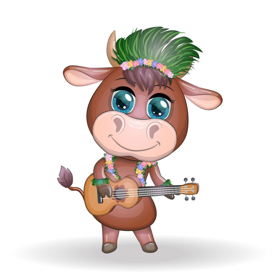 schattig tekenfilm stier, koe met mooi ogen, hawaiiaans hula danser karakter met ukulele gitaar tussen bladeren, bloemen. Chinese nieuw jaar schattig stier mascotte vector