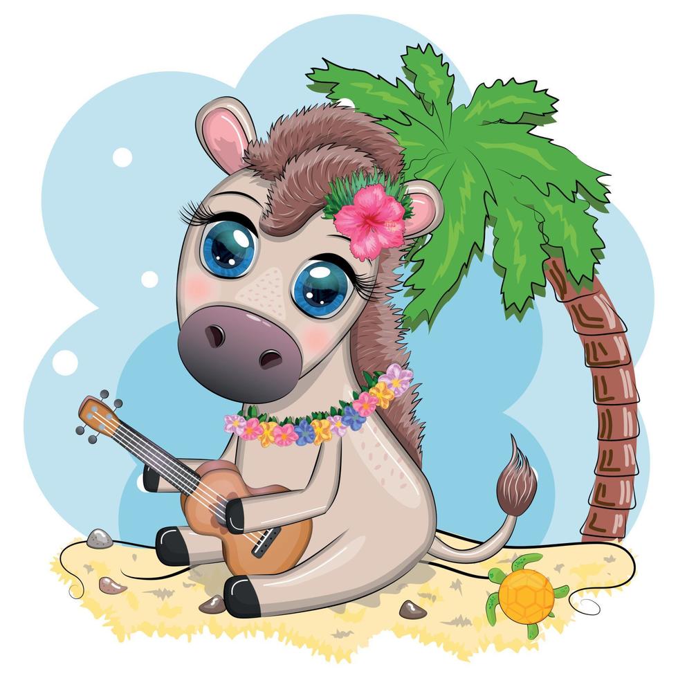 een schattig ezel in een bloem krans met een gitaar, een hula danser van Hawaii. zomer kaart voor de festival, reizen banier vector