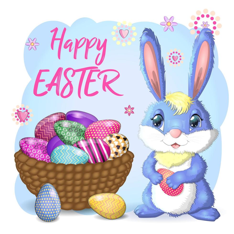 Pasen konijn konijn tekenfilm karakter met mand vol van geschilderd Pasen eieren vector