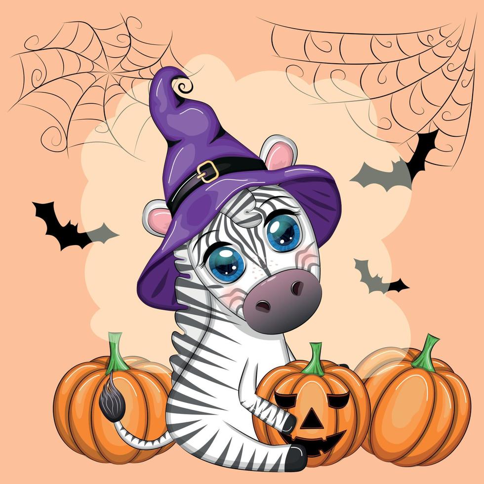 schattig zebra in heks hoed, met bezem, pompoen krik, magie toverdrank. poster, kaart, etiket en decoratie voor halloween vector