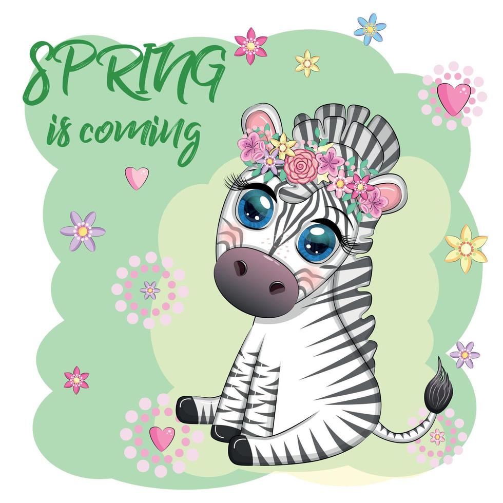 gestreept zebra in een krans van bloemen, met een boeket. voorjaar is komt eraan vector