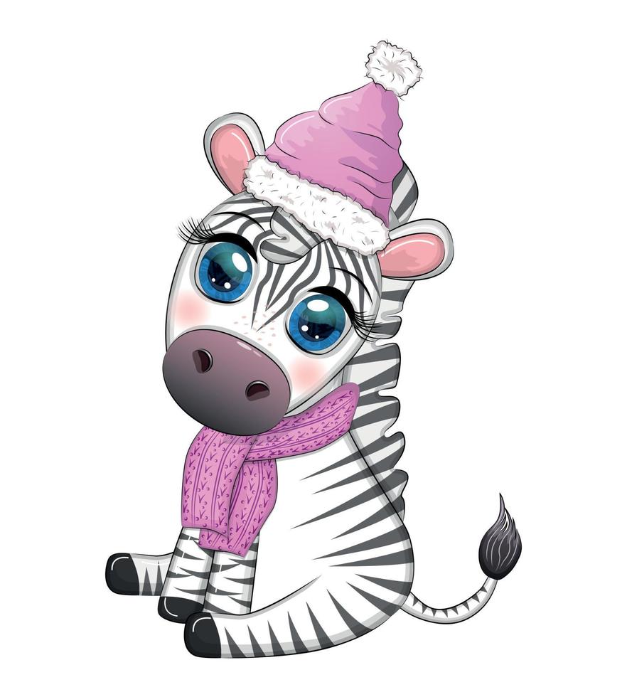 schattig zebra in een hoed en sjaal, winter. dieren in het wild vakantie tekenfilm karakter vector