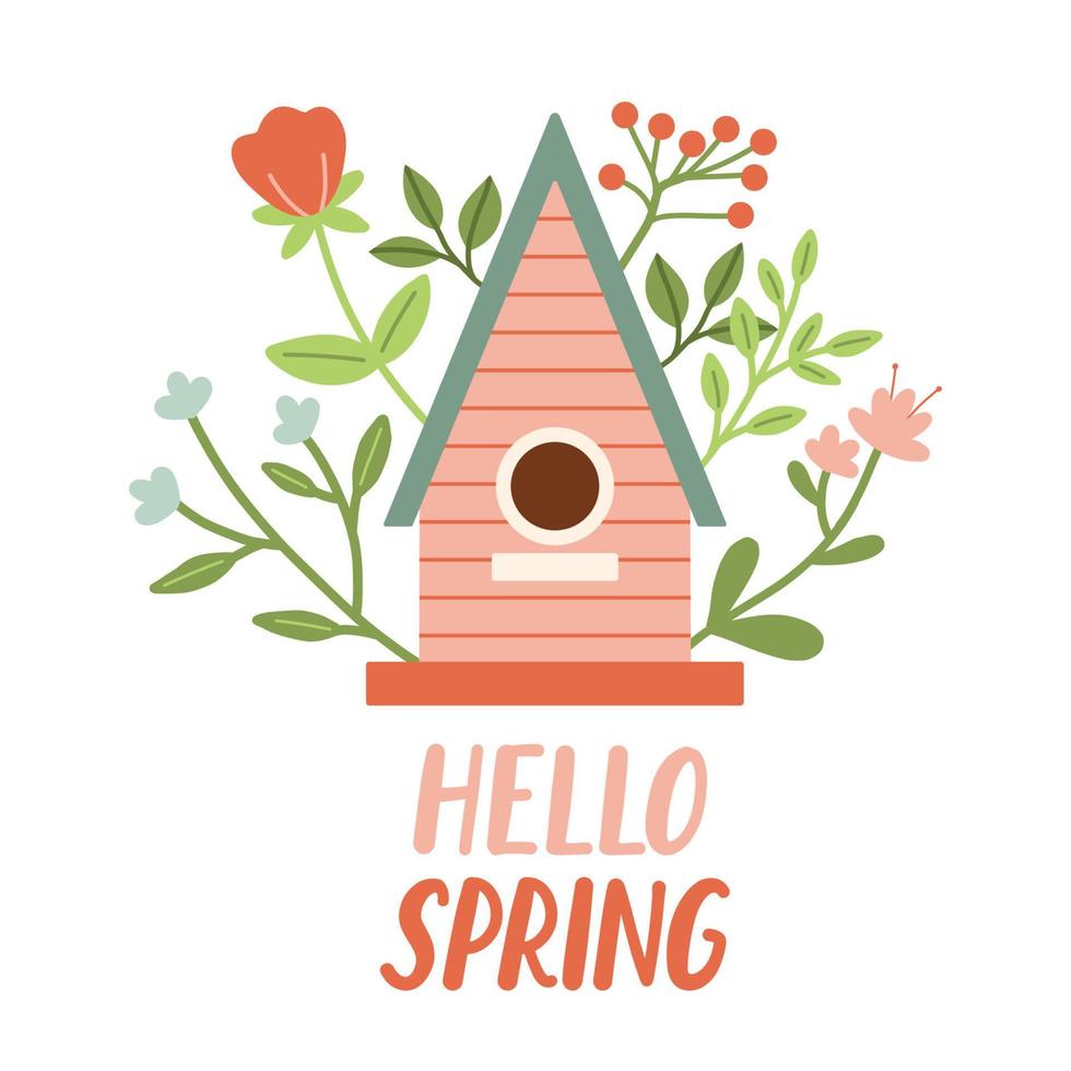 voorjaar vogelhuisje. voorjaar humeur groet kaart sjabloon. Welkom voorjaar seizoen uitnodiging. minimalistische ansichtkaart vogelhuisje. vector
