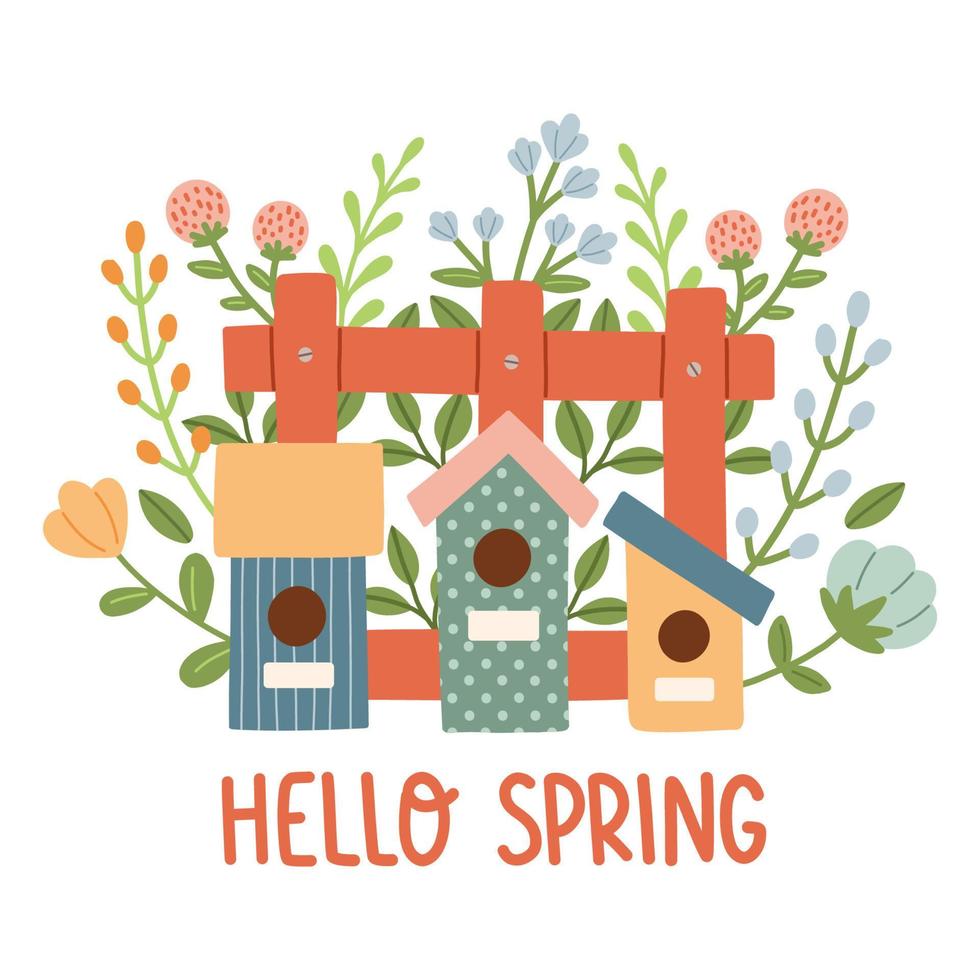 voorjaar vogelhuisje. voorjaar humeur groet kaart sjabloon. Welkom voorjaar seizoen uitnodiging. minimalistische ansichtkaart vogelhuisje. vector