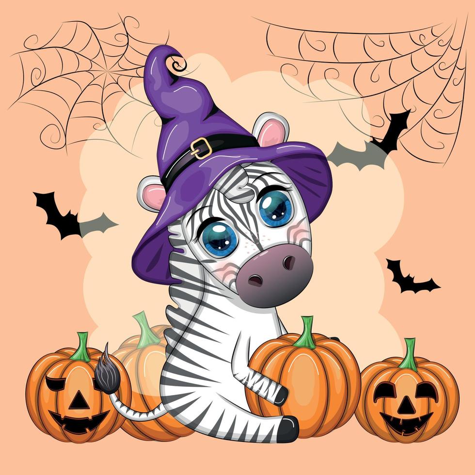 schattig zebra in heks hoed, met bezem, pompoen krik, magie toverdrank. poster, kaart, etiket en decoratie voor halloween vector