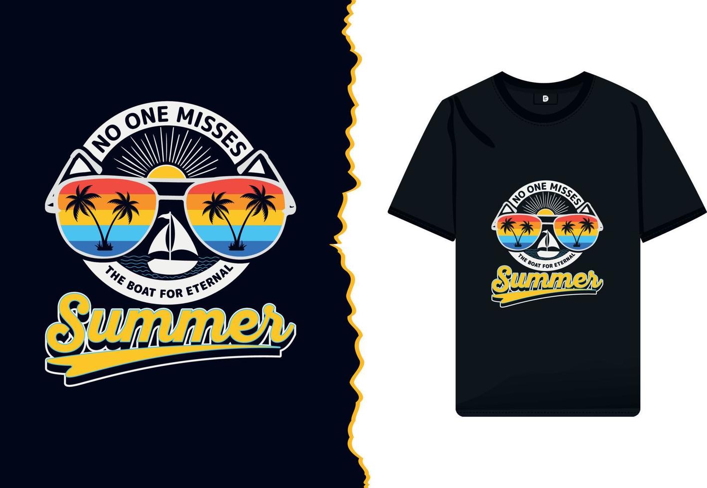 t-shirt presentatiezonnebril zomer t-shirt ontwerp met boot zonsondergang palm boom tekst illustratie. zomer tekst effect en typografie zee boot silhouet met retro kleur stijl vector overhemd sjabloon.