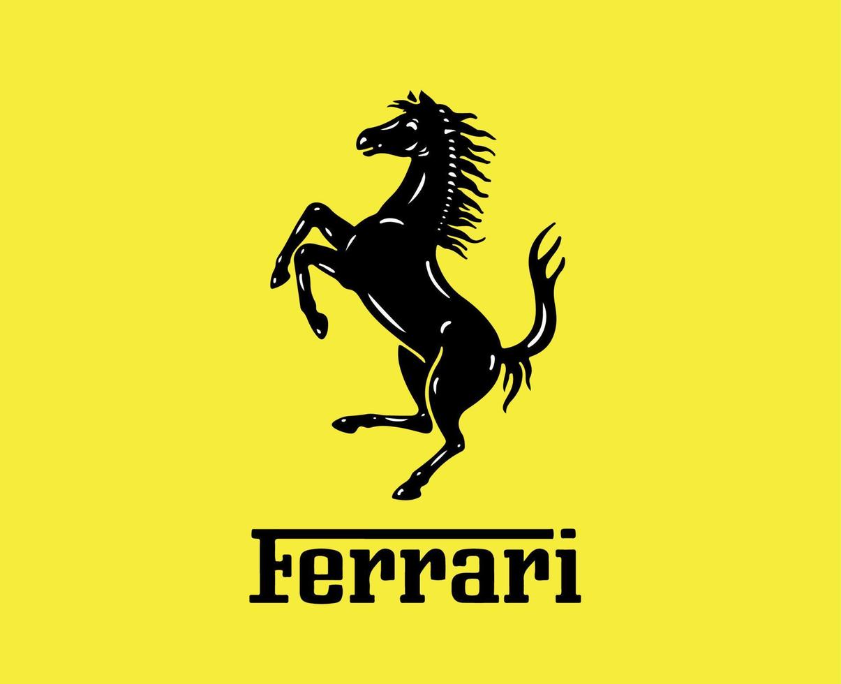 ferrari merk logo symbool met naam zwart ontwerp Italiaans auto auto- vector illustratie met geel achtergrond