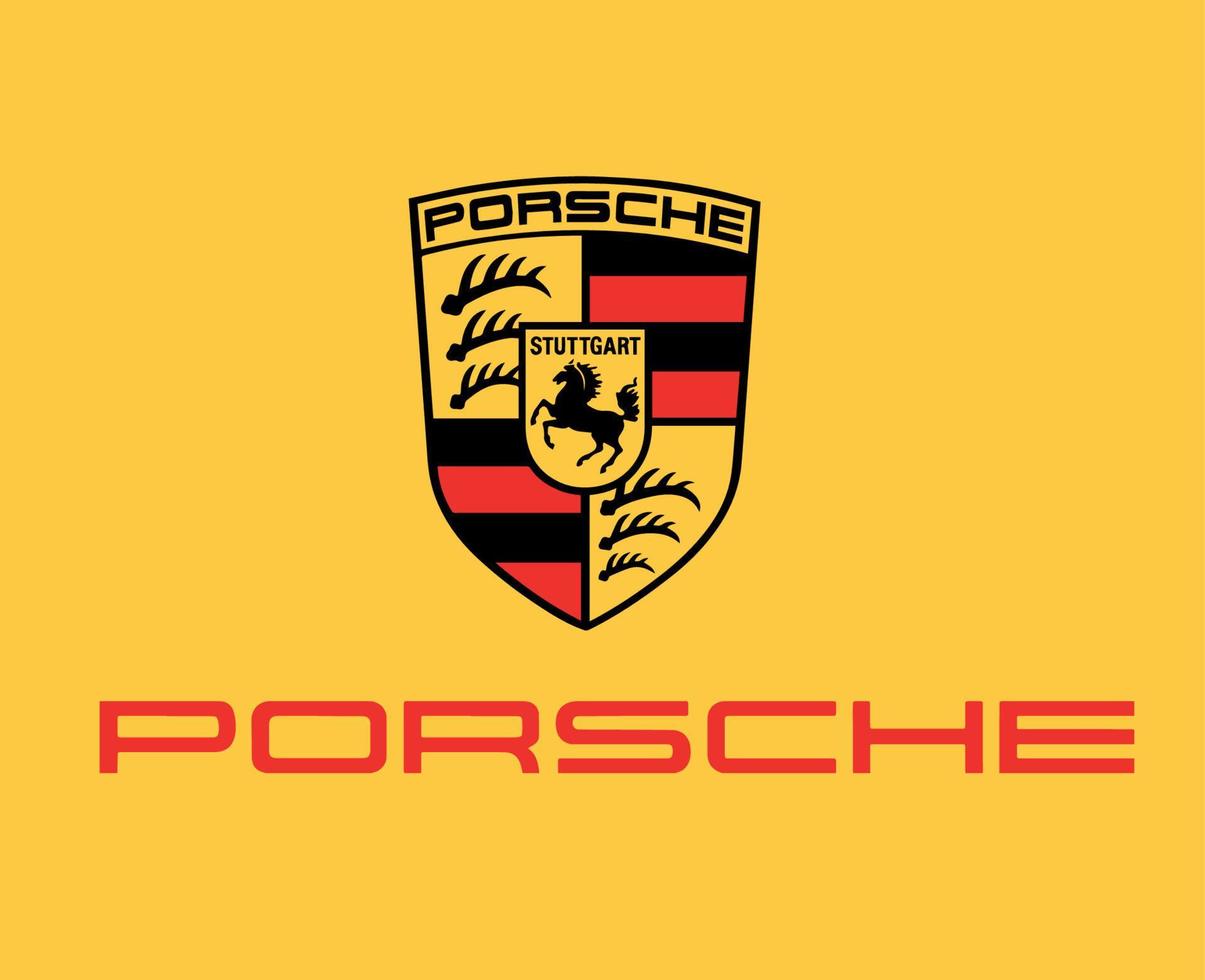 porsche merk logo auto symbool met naam rood ontwerp Duitse auto- vector illustratie met geel achtergrond