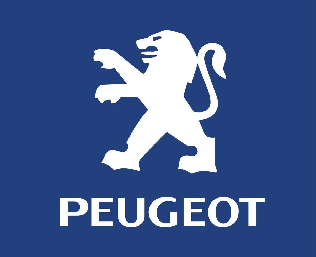 peugeot merk logo symbool met naam wit ontwerp Frans auto auto- vector illustratie met blauw achtergrond