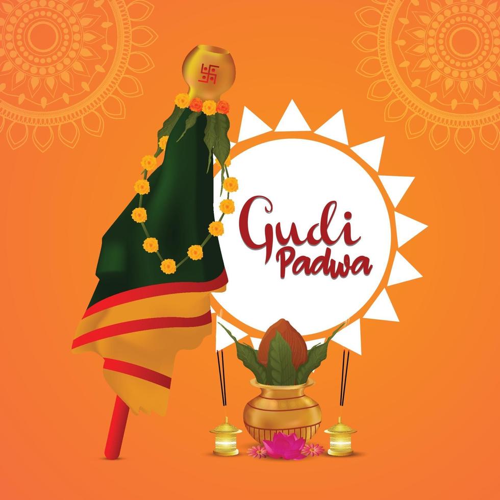 happy gudi padwa evenement wenskaart met creatieve kalash vector