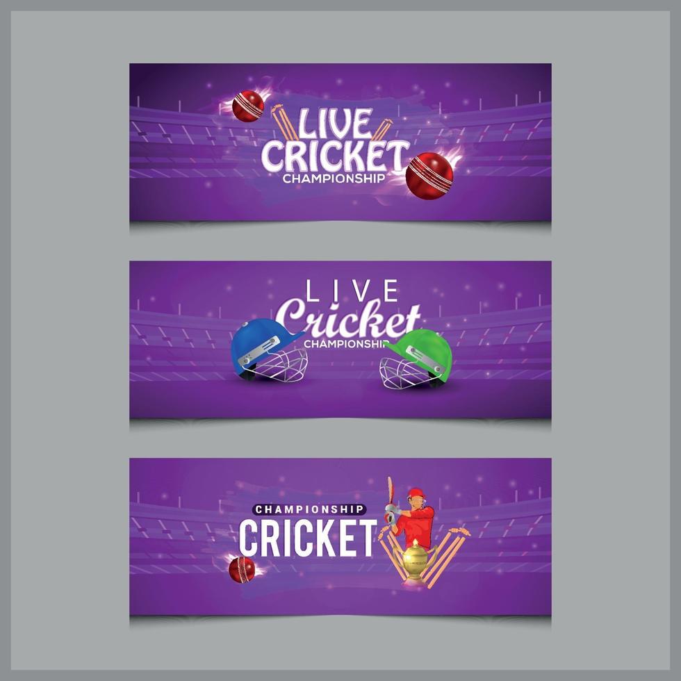 cricketwedstrijd concept banner met cricketspelerhelm en vleermuizen vector