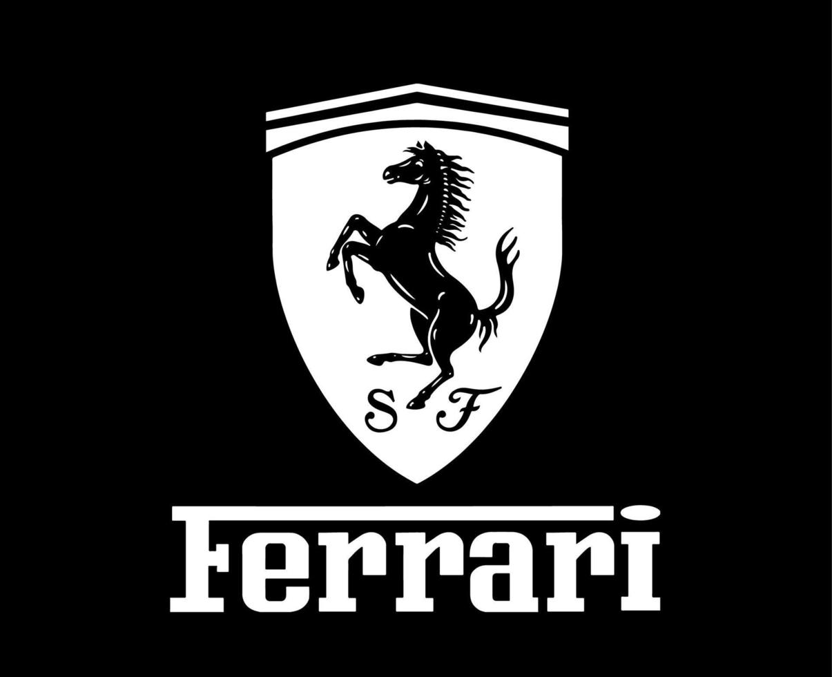 ferrari logo merk auto symbool met naam wit ontwerp Italiaans auto- vector illustratie met zwart achtergrond