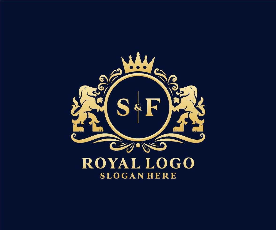 eerste sf brief leeuw Koninklijk luxe logo sjabloon in vector kunst voor restaurant, royalty, boetiek, cafe, hotel, heraldisch, sieraden, mode en andere vector illustratie.