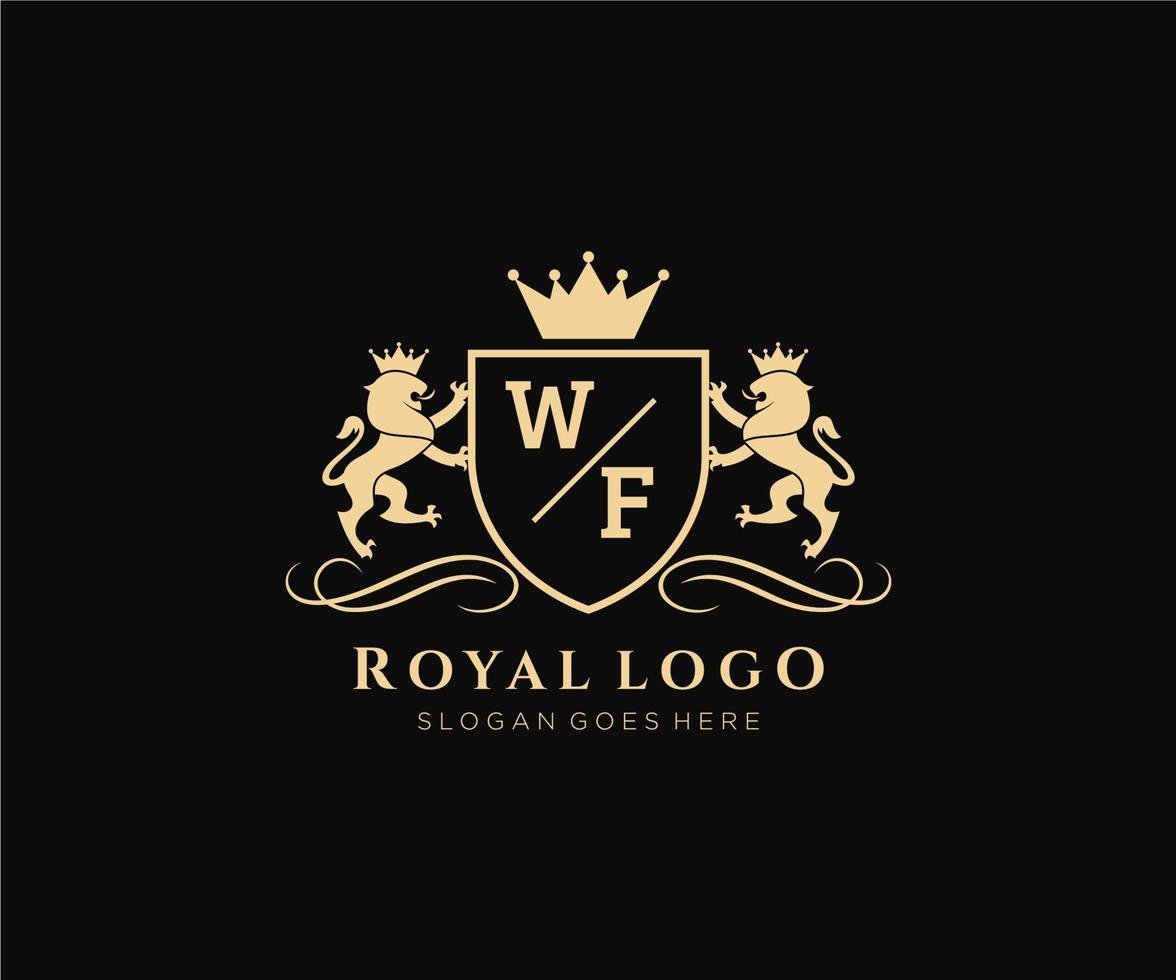 eerste wf brief leeuw Koninklijk luxe heraldisch, wapen logo sjabloon in vector kunst voor restaurant, royalty, boetiek, cafe, hotel, heraldisch, sieraden, mode en andere vector illustratie.