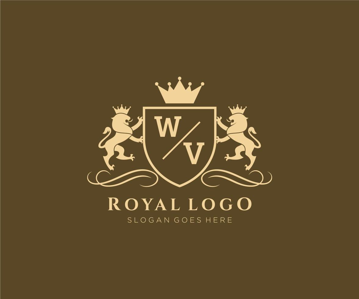 eerste wv brief leeuw Koninklijk luxe heraldisch, wapen logo sjabloon in vector kunst voor restaurant, royalty, boetiek, cafe, hotel, heraldisch, sieraden, mode en andere vector illustratie.