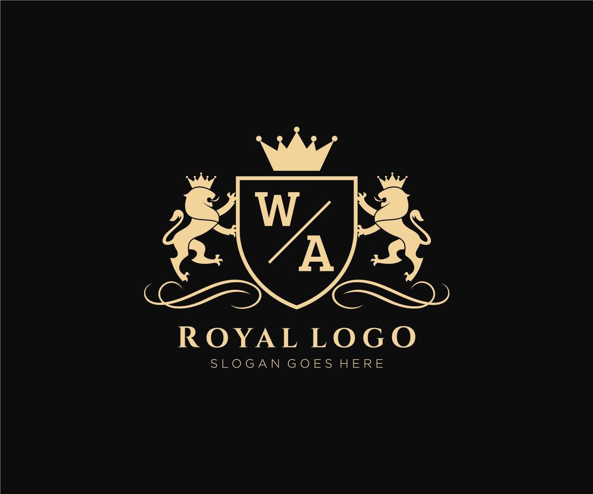 eerste wa brief leeuw Koninklijk luxe heraldisch, wapen logo sjabloon in vector kunst voor restaurant, royalty, boetiek, cafe, hotel, heraldisch, sieraden, mode en andere vector illustratie.