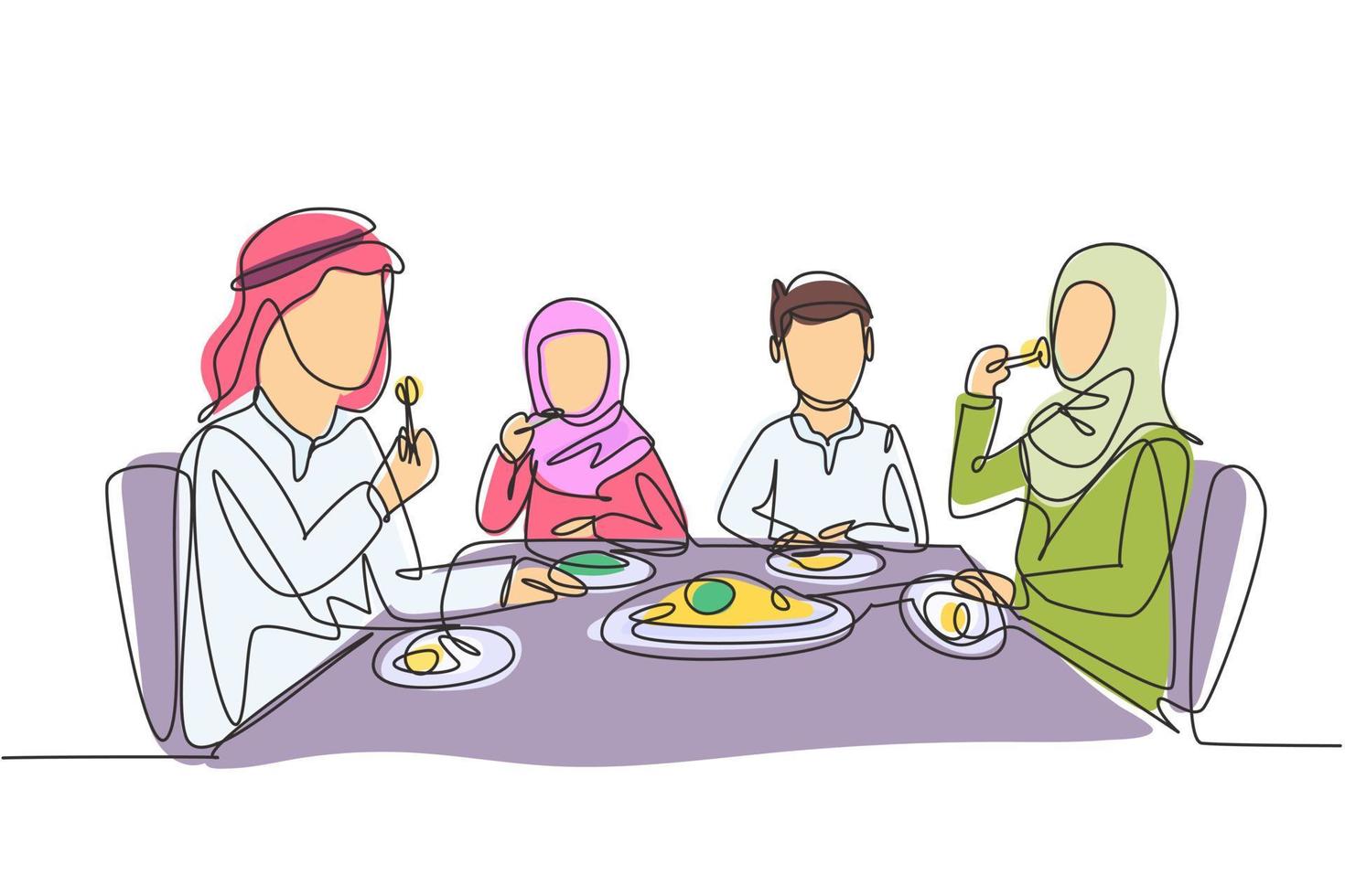 enkele een lijntekening diner arabische ouders en kinderen samen. familie aan het eten rond de keukentafel. gelukkige papa, mama en kinderen aan het eten. doorlopende lijn tekenen ontwerp grafische vectorillustratie vector