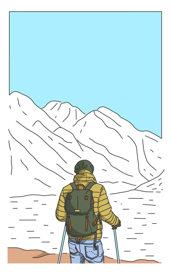 Mens met rugzak op zoek omhoog naar top van de berg vector illustratie