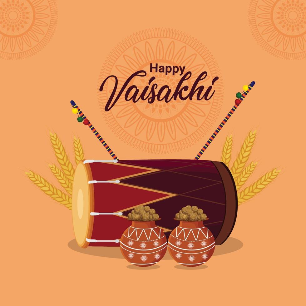 platte ontwerp gelukkige vaisakhi met trommel vector