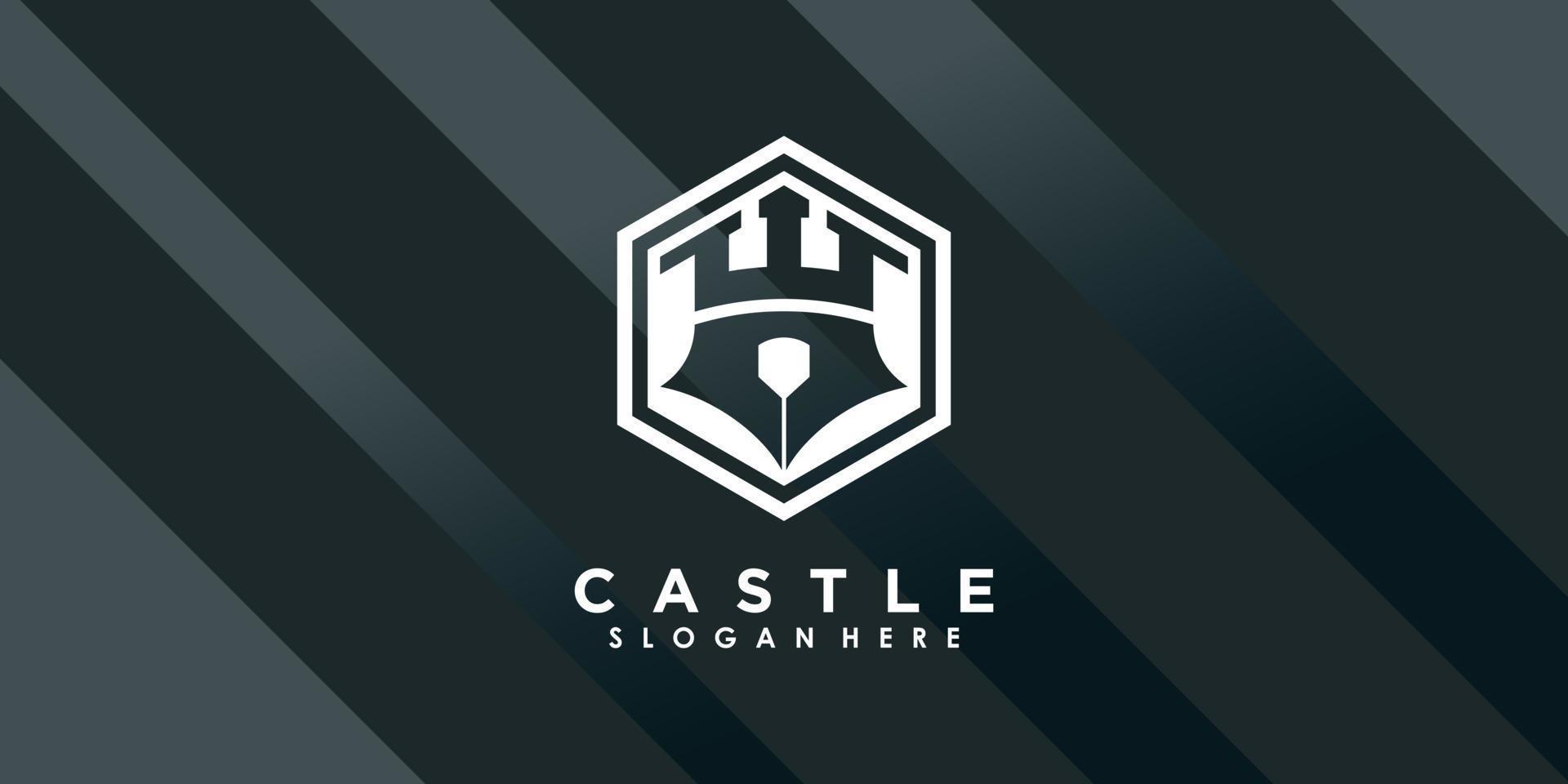 kasteel en pen logo ontwerp met creatief concept vector