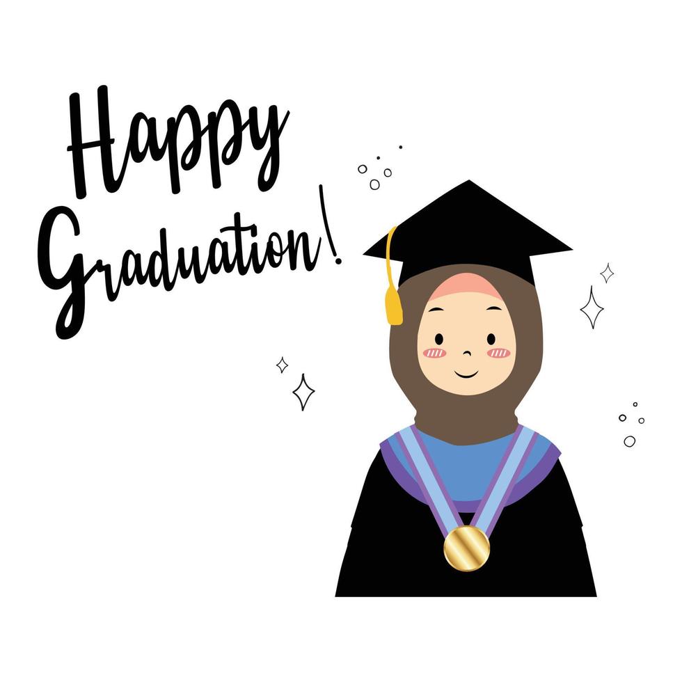 gelukkig diploma uitreiking. vector illustratie hijab meisje Aan diploma uitreiking. geschikt voor geschenk idee, sticker, enz