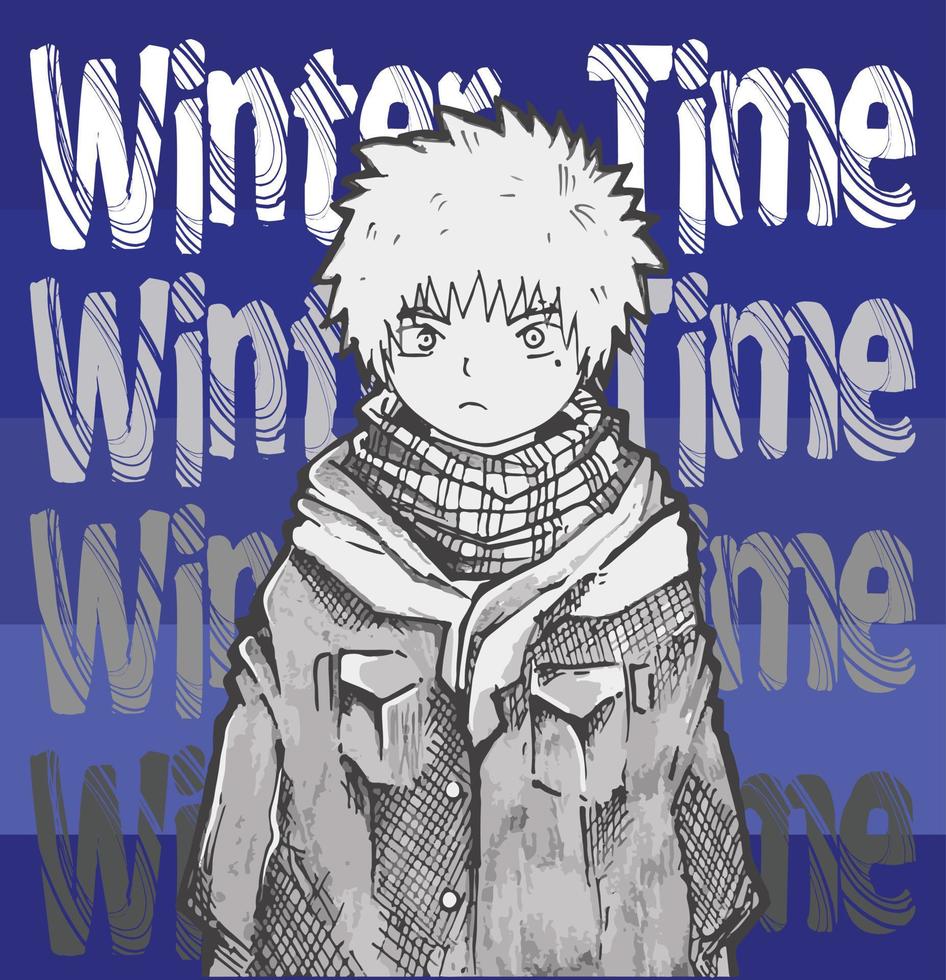 winter tijd. een jongen wie zijn staand alleen in zijn jasje en sjaal met blauw achtergrond. een origineel karakter met manga en anime stijl. vector