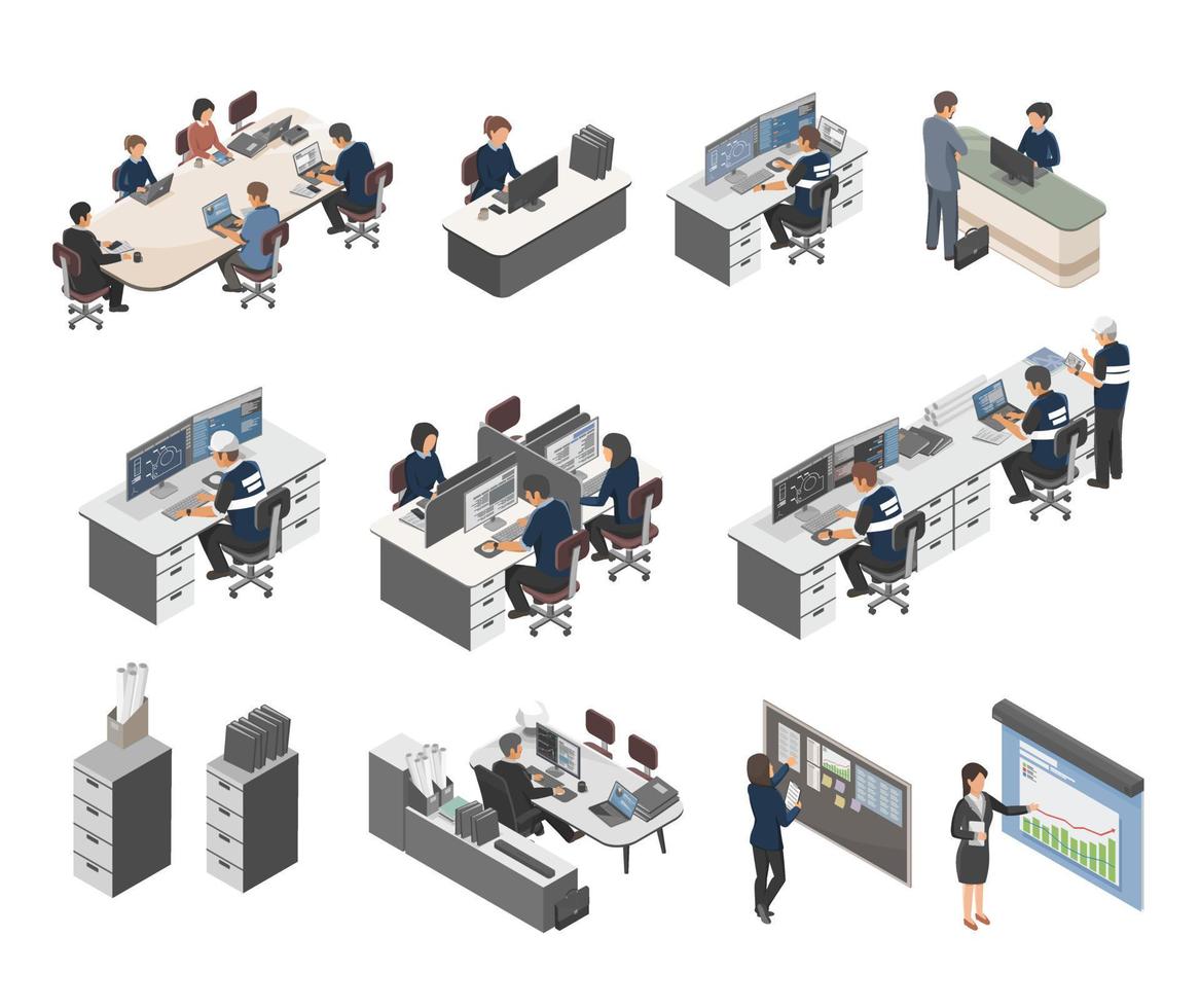 industrieel fabriek werknemer uniform kantoor mensen isometrische manager vergadering accountant beheer inkoop afdeling kamer arbeider concept illustratie geïsoleerd vector