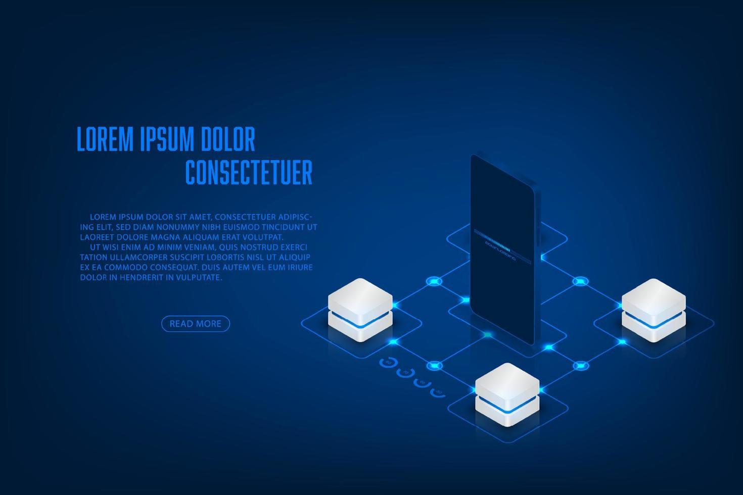 vector isometrische technologie mobiel toepassing met centrum server concept.