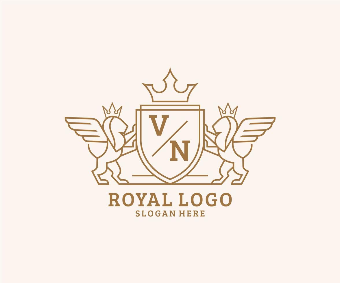 eerste vn brief leeuw Koninklijk luxe heraldisch, wapen logo sjabloon in vector kunst voor restaurant, royalty, boetiek, cafe, hotel, heraldisch, sieraden, mode en andere vector illustratie.