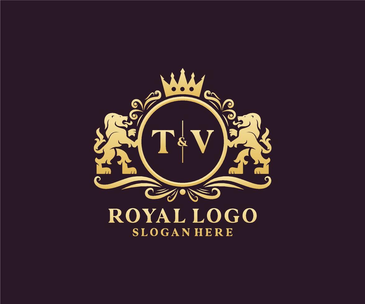 eerste TV brief leeuw Koninklijk luxe logo sjabloon in vector kunst voor restaurant, royalty, boetiek, cafe, hotel, heraldisch, sieraden, mode en andere vector illustratie.