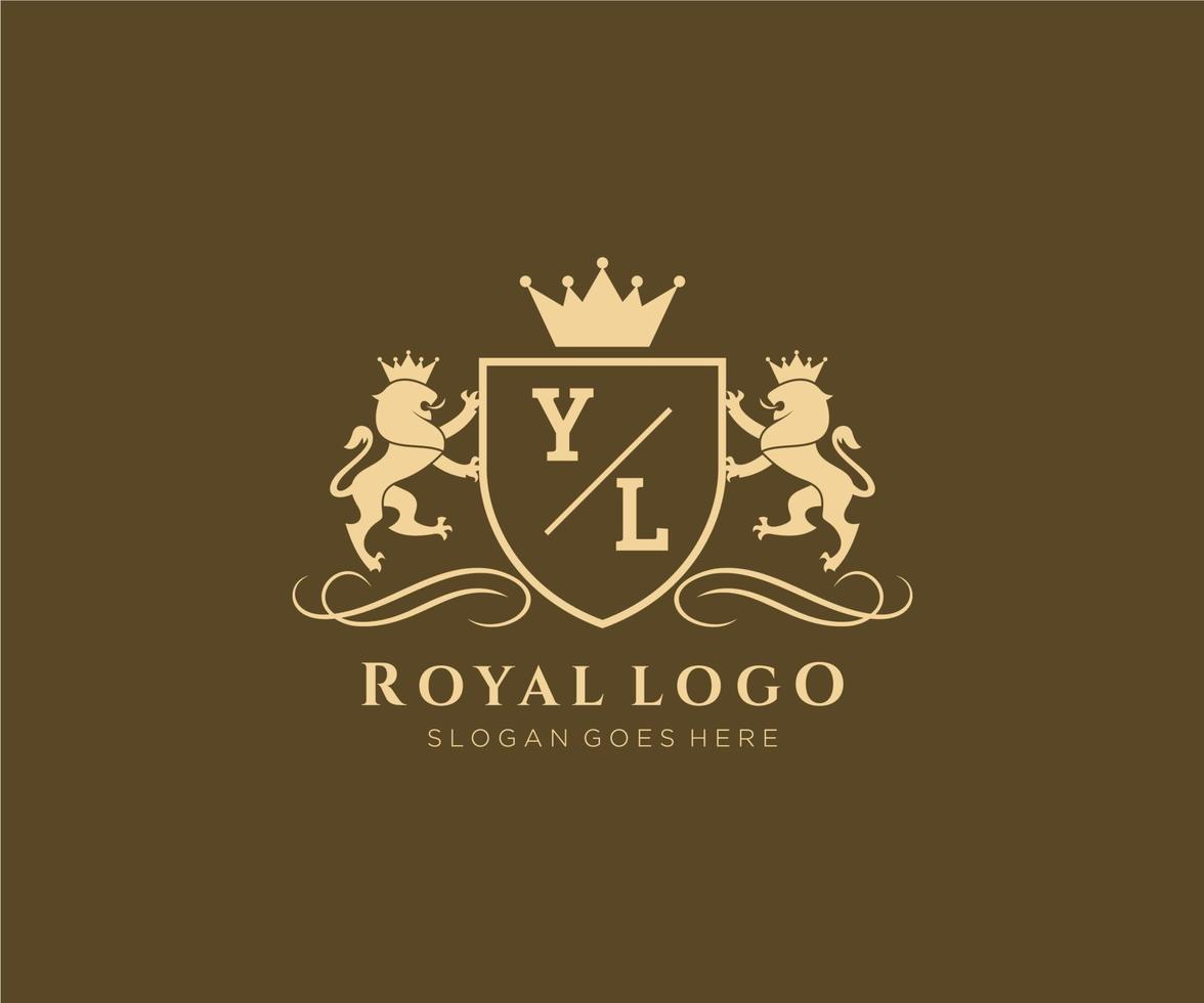 eerste yl brief leeuw Koninklijk luxe heraldisch, wapen logo sjabloon in vector kunst voor restaurant, royalty, boetiek, cafe, hotel, heraldisch, sieraden, mode en andere vector illustratie.