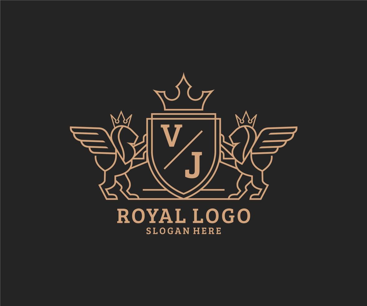 eerste vj brief leeuw Koninklijk luxe heraldisch, wapen logo sjabloon in vector kunst voor restaurant, royalty, boetiek, cafe, hotel, heraldisch, sieraden, mode en andere vector illustratie.