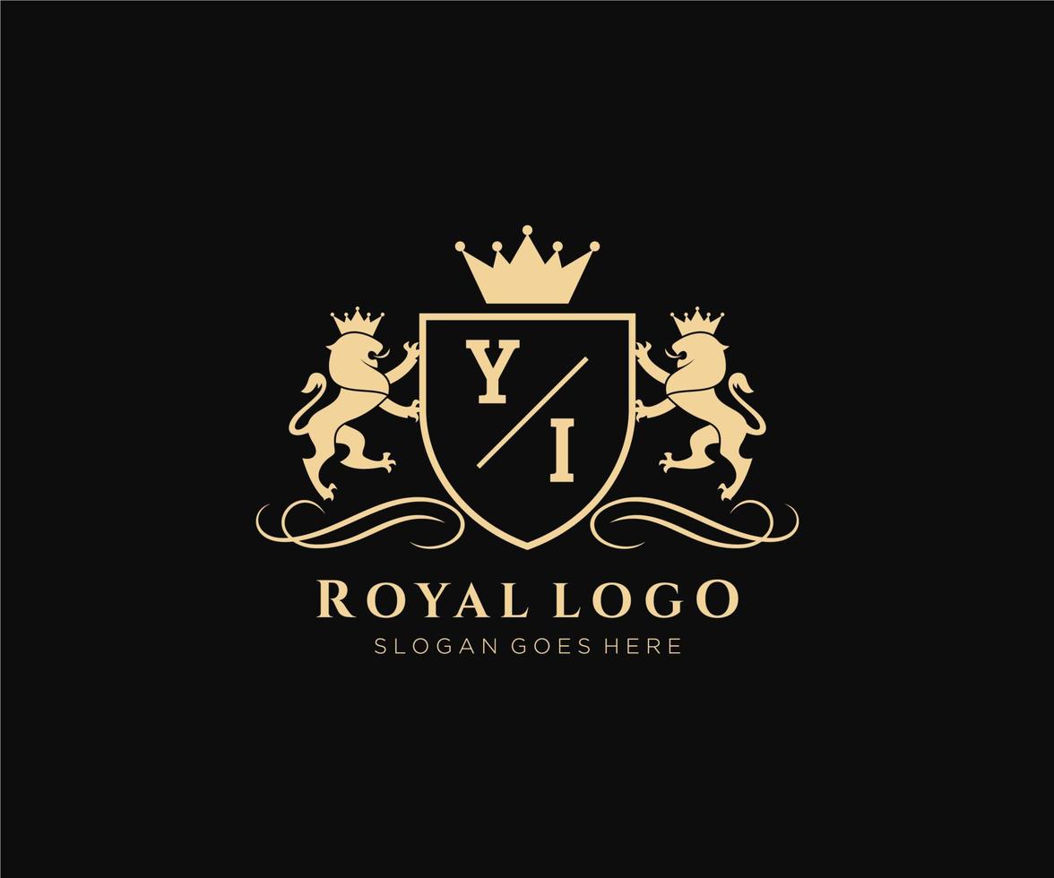 eerste yi brief leeuw Koninklijk luxe heraldisch, wapen logo sjabloon in vector kunst voor restaurant, royalty, boetiek, cafe, hotel, heraldisch, sieraden, mode en andere vector illustratie.