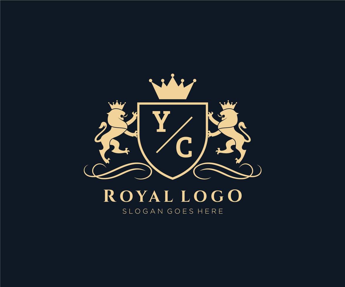 eerste yc brief leeuw Koninklijk luxe heraldisch, wapen logo sjabloon in vector kunst voor restaurant, royalty, boetiek, cafe, hotel, heraldisch, sieraden, mode en andere vector illustratie.