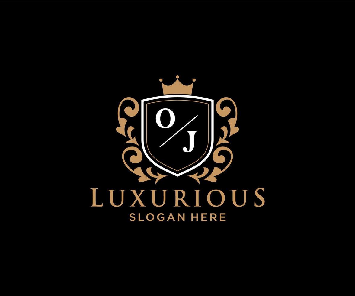 eerste oj brief Koninklijk luxe logo sjabloon in vector kunst voor restaurant, royalty, boetiek, cafe, hotel, heraldisch, sieraden, mode en andere vector illustratie.