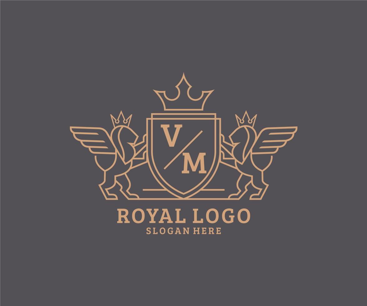 eerste vm brief leeuw Koninklijk luxe heraldisch, wapen logo sjabloon in vector kunst voor restaurant, royalty, boetiek, cafe, hotel, heraldisch, sieraden, mode en andere vector illustratie.