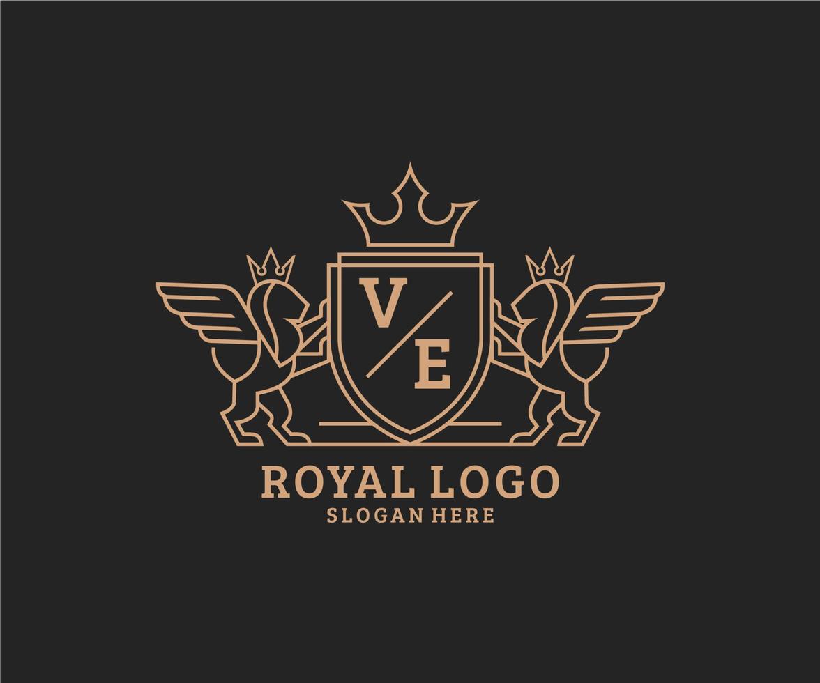 eerste ve brief leeuw Koninklijk luxe heraldisch, wapen logo sjabloon in vector kunst voor restaurant, royalty, boetiek, cafe, hotel, heraldisch, sieraden, mode en andere vector illustratie.