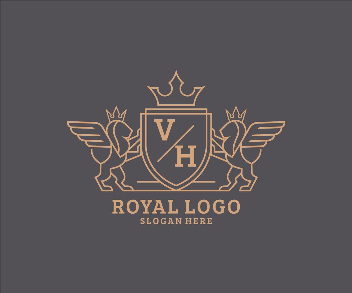 eerste vh brief leeuw Koninklijk luxe heraldisch, wapen logo sjabloon in vector kunst voor restaurant, royalty, boetiek, cafe, hotel, heraldisch, sieraden, mode en andere vector illustratie.