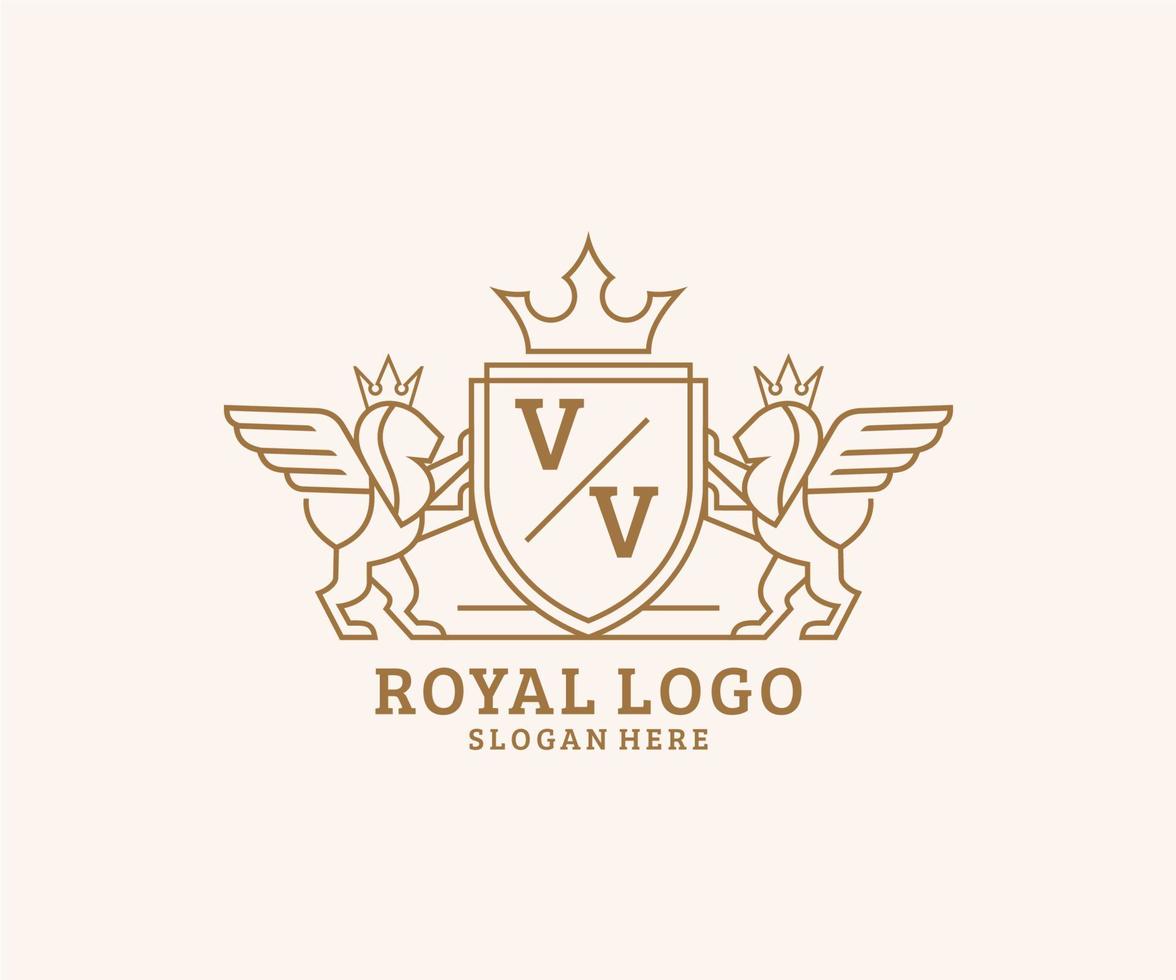 eerste vv brief leeuw Koninklijk luxe heraldisch, wapen logo sjabloon in vector kunst voor restaurant, royalty, boetiek, cafe, hotel, heraldisch, sieraden, mode en andere vector illustratie.